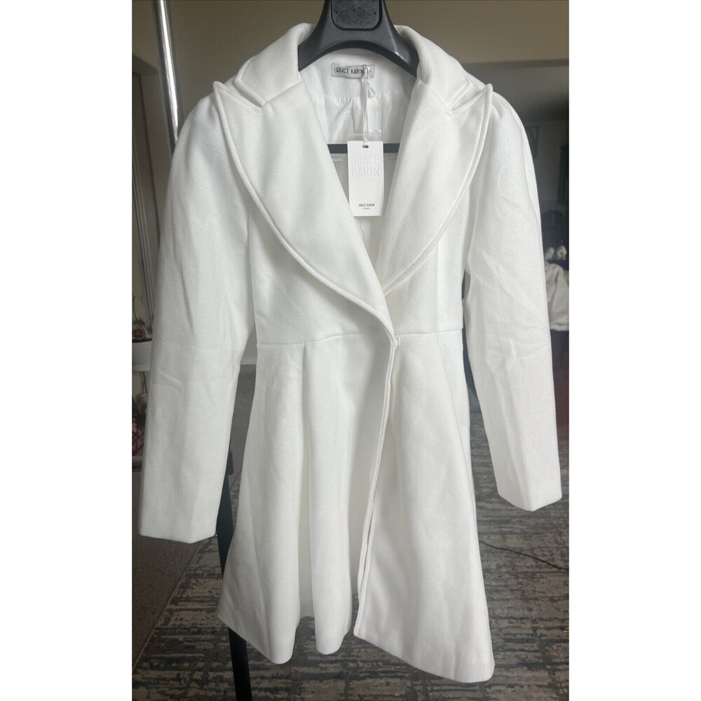 GRACE KARIN White Notch Lapel Long Puff Sleeve A Line Pea Coat w/Self Tie XL